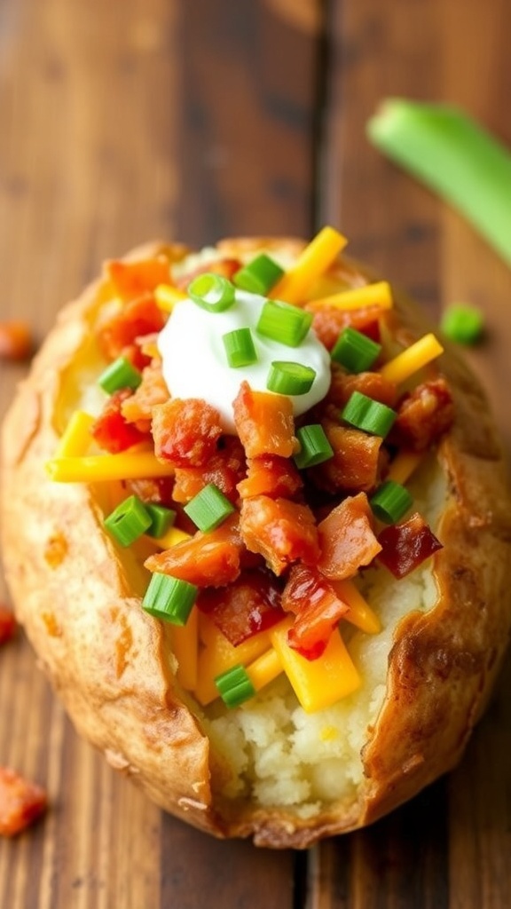 Air Fryer Loaded Baked Potato Recipe Air fryer loaded baked potato topped with cheese, sour cream, bacon, and green onions on a wooden table.